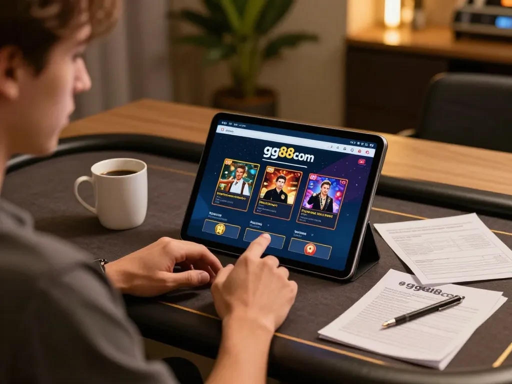 Player engaging in online gaming on gg88com app at home, showcasing responsible gambling.