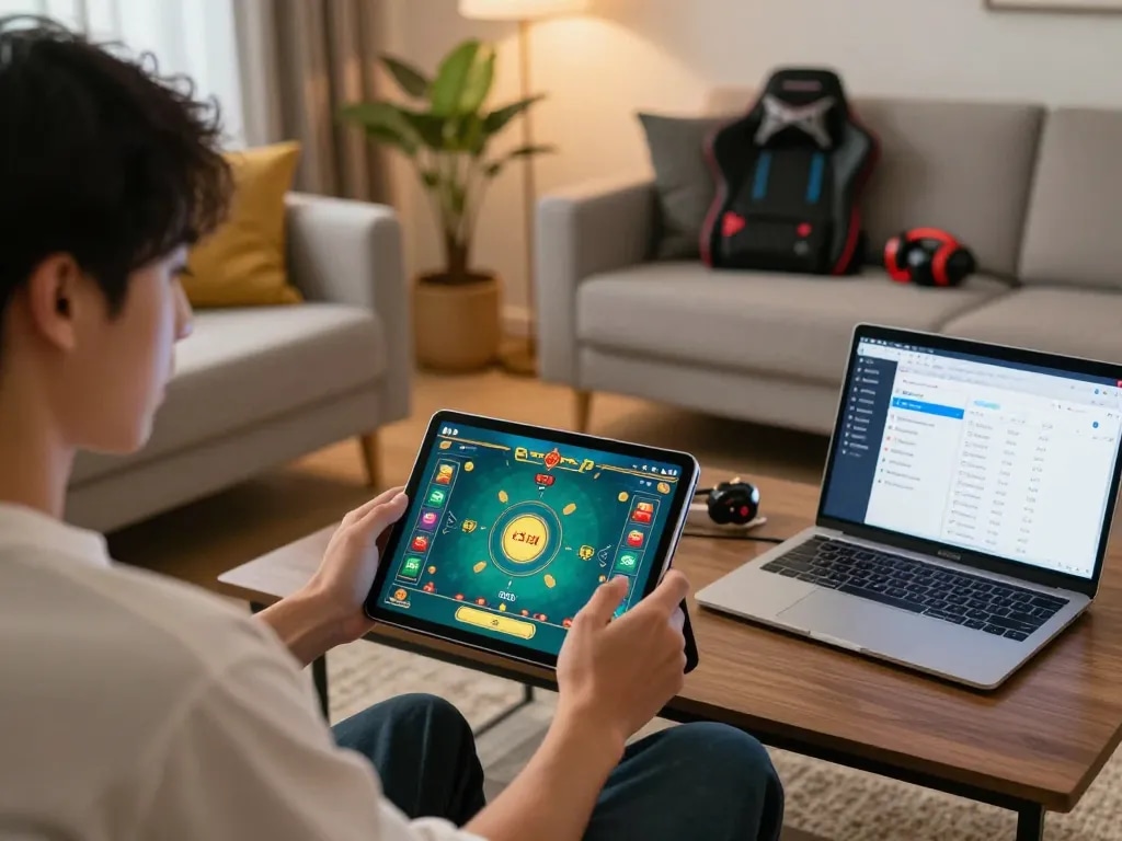 Player placing a bet in a tài xỉu online game on tablet at home, showcasing strategy and engagement in gaming.
