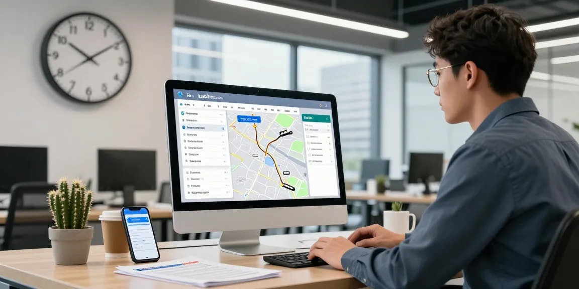 Komplettladung Transport von Dortmund - Logistikexperte überwacht LKW-Routen in modernem Büro.