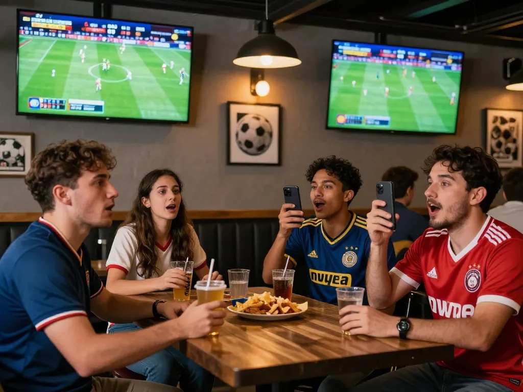 Fans engaging with nowgoal live scores at a lively sports bar during a football match.