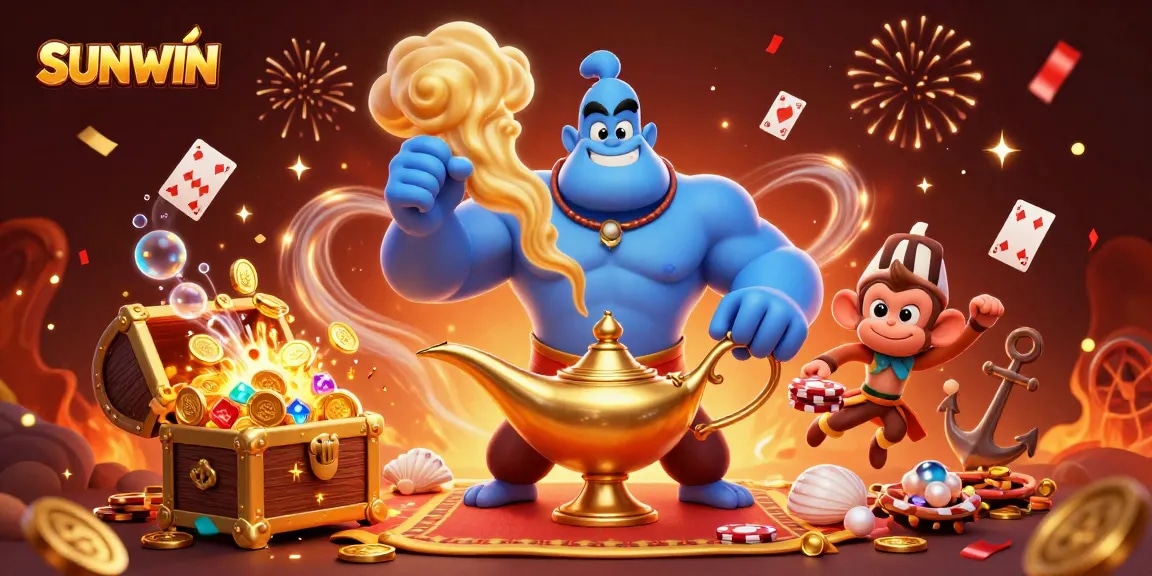 SUNWIN entertains with a magical scene of a genie, monkey, and poker chips in a vibrant casino setting.