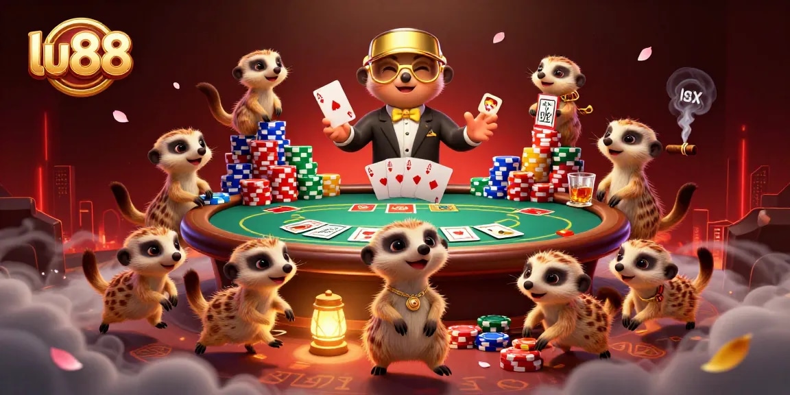 Engage in thrilling gameplay with lu88 at a meerkat-run casino, showcasing poker excitement.