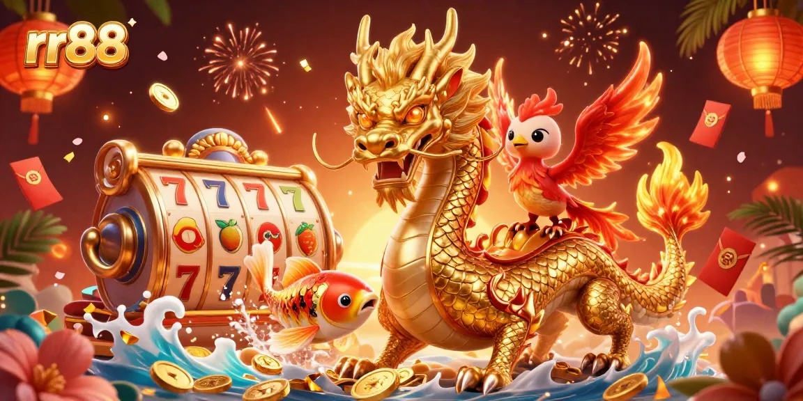 Experience thrilling gameplay at rr88 with a golden dragon and phoenix in a vibrant casino scene.