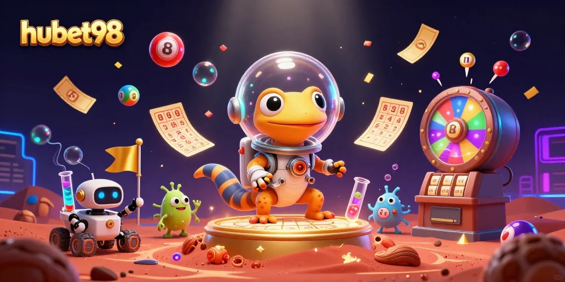 Play lottery games on hubet98 with vibrant elements, featuring a Martian gecko in a casino scene