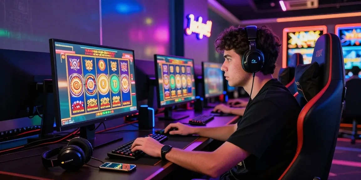 Exciting online slot gaming scene featuring a gamer focused on vibrant digital slots in a lively casino environment.