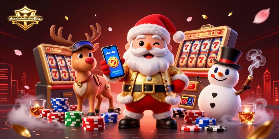Engage with the exciting world of oshkoshwaterfrontweddings through this vibrant casino scene with Santa and friends.