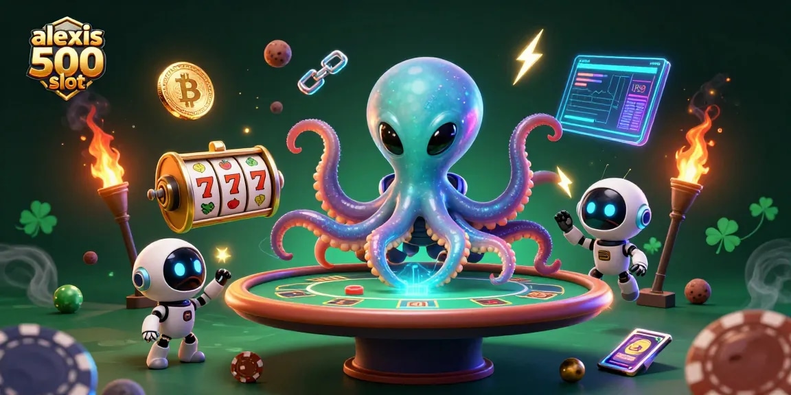 Engage with the alexis 500 slot experience featuring vibrant characters and cryptocurrency elements around a holographic poker table.
