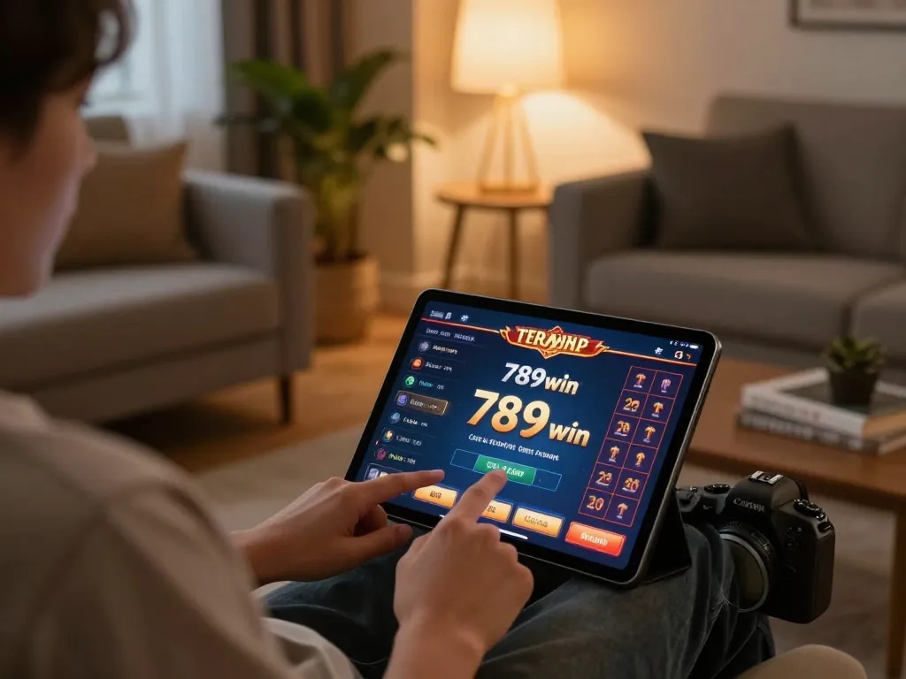Engaging in online gaming while logging into 789win from a cozy home setup with warm ambiance.
