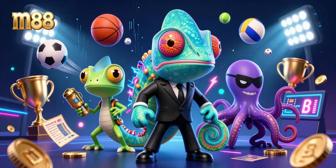 Join the excitement with m88 as a secret agent chameleon, tech-gecko, and villainous octopus playfully scatter sports elements.