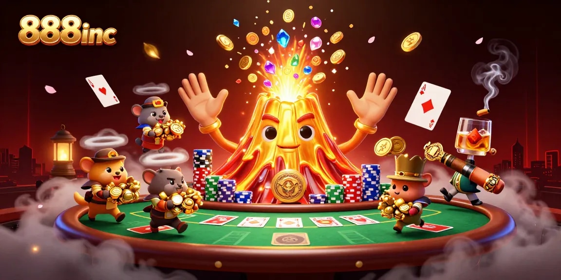 Engage in thrilling gameplay at 888inc with a volcanic eruption of coins and poker excitement.