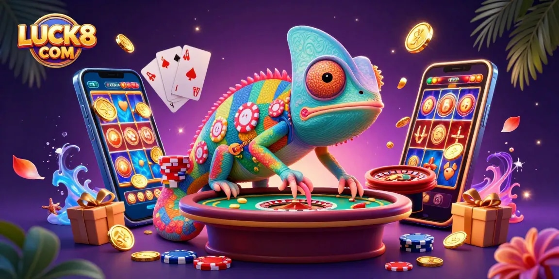 Experience vibrant gambling action with LUCK8 COM chameleon owner in an engaging casino scene.