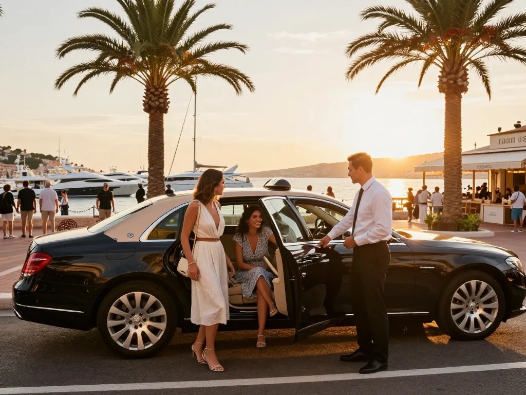 Taxi de luxe Saint-Tropez avec chauffeur professionnel accueillant des passagers dans un cadre côtier pittoresque.