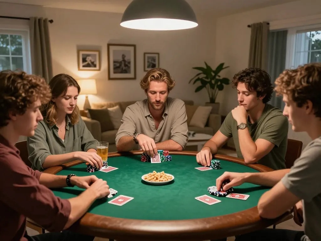 Friends playing a dynamic poker game at home, showcasing an engaging 9bet gaming atmosphere with competitive strategy.