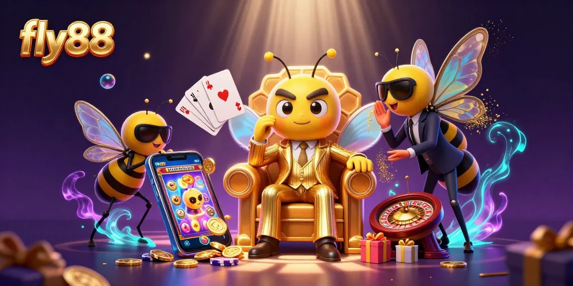 fly88 captures the excitement of gambling with a bumblebee mob boss surrounded by vibrant slots and casino action.