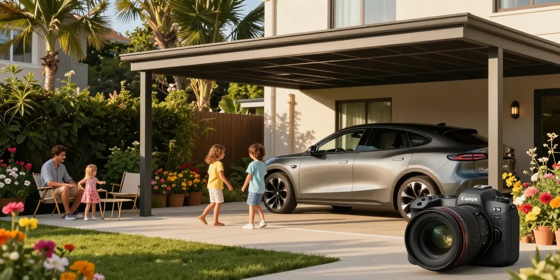 Schöner Carport im Garten, Familie genießt sonnigen Tag mit Kindern und Auto.