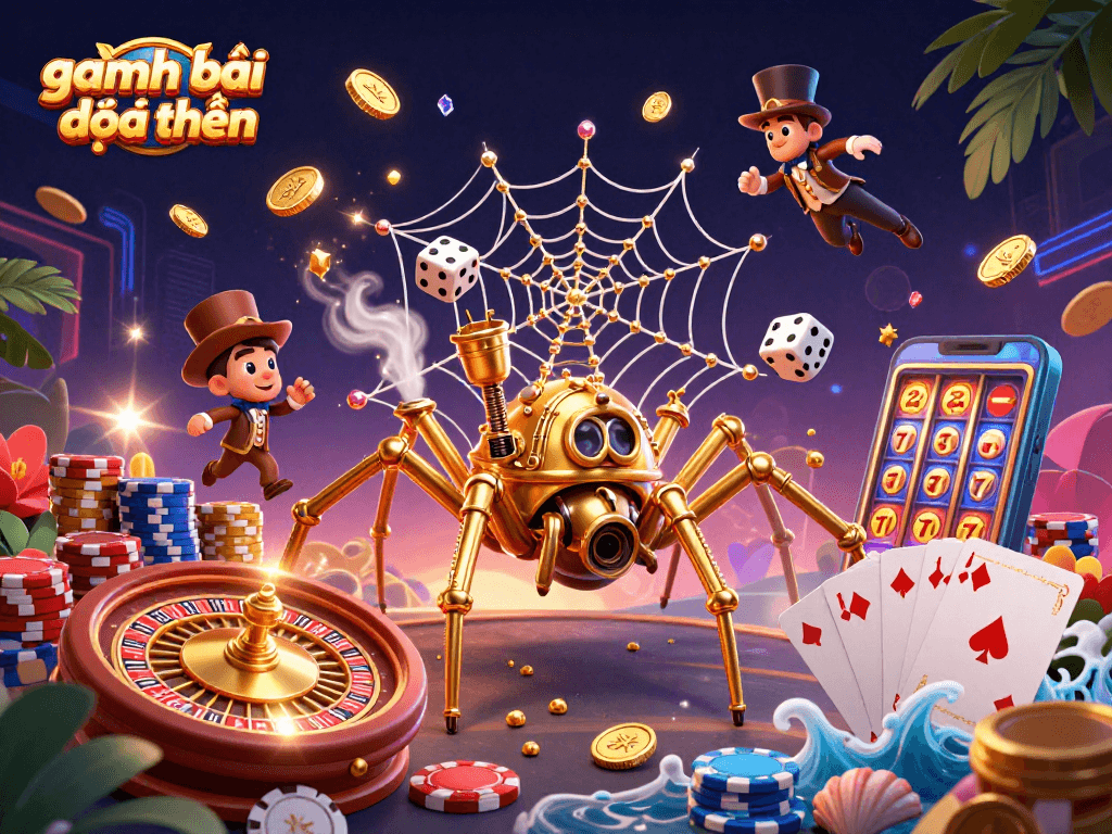 Play game đánh bài đổi thưởng with a unique vibrant 3D illustration packed with casino elements.