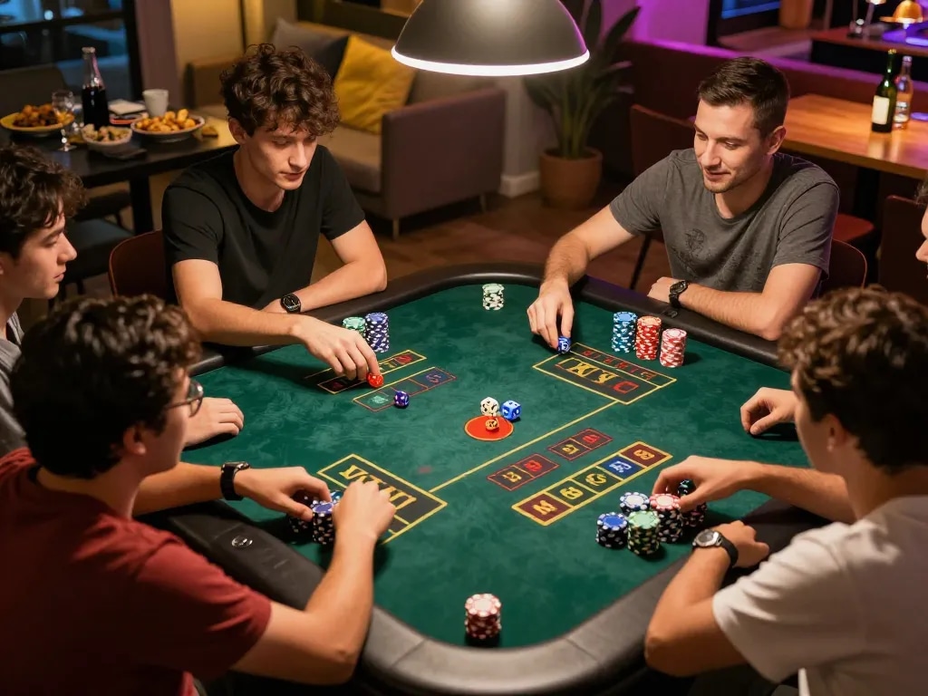 Tài Xỉu players strategizing at home, colorful dice in play and vibrant atmosphere.