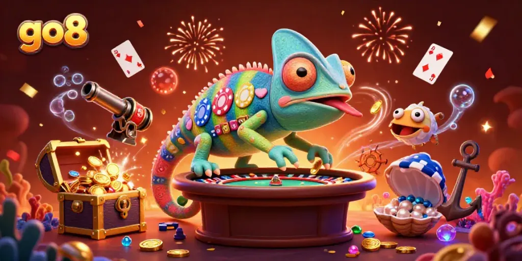 Experience thrilling adventures with go8 at a vibrant online casino featuring an imaginative chameleon character.