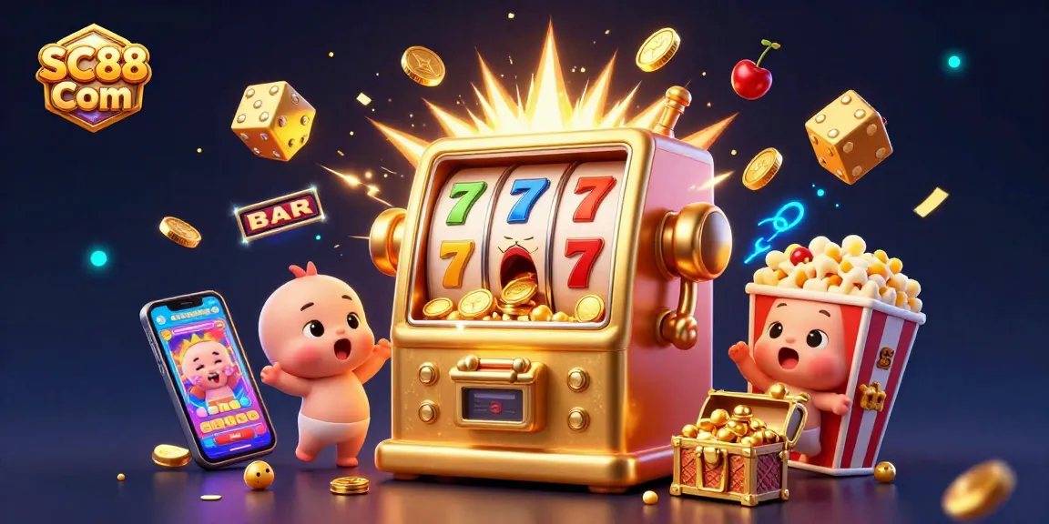 Engage with SC88 Com's vibrant 3D casino scene featuring a golden slot machine hitting a jackpot, coins pouring everywhere.