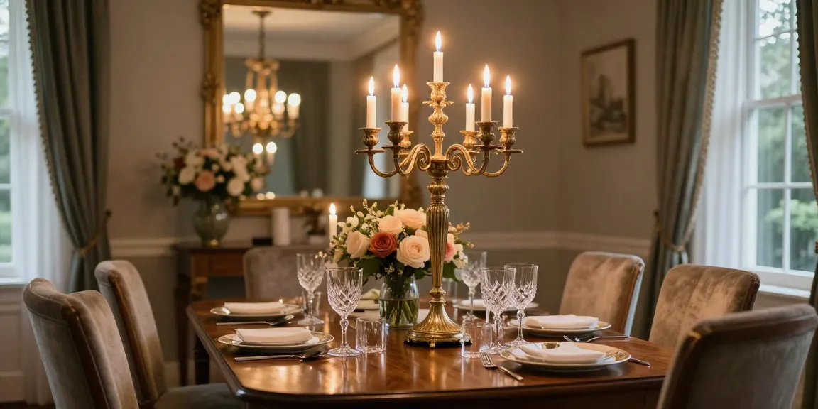 candelabru elegant în dining room, decor cu flori și lumină caldă