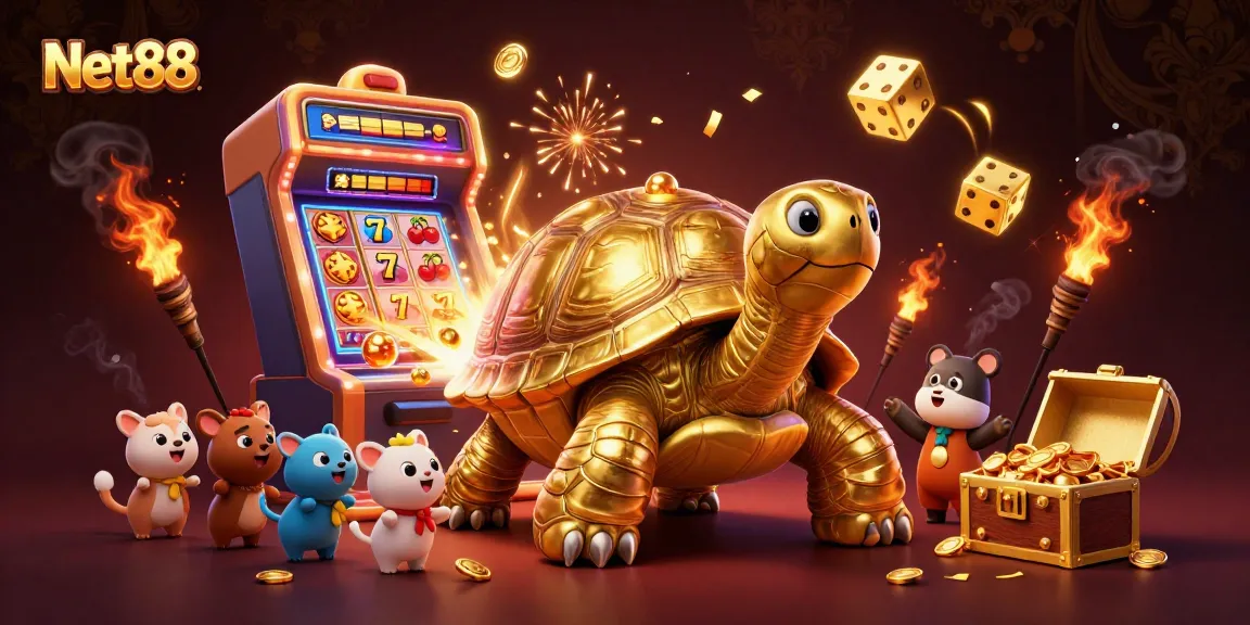 Engage in action-packed gaming at Net88 with a vibrant scene of playful tortoises and a jackpot.