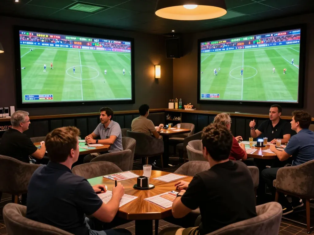 Place your bets at 7m-7m sports betting area with fans cheering for live matches.