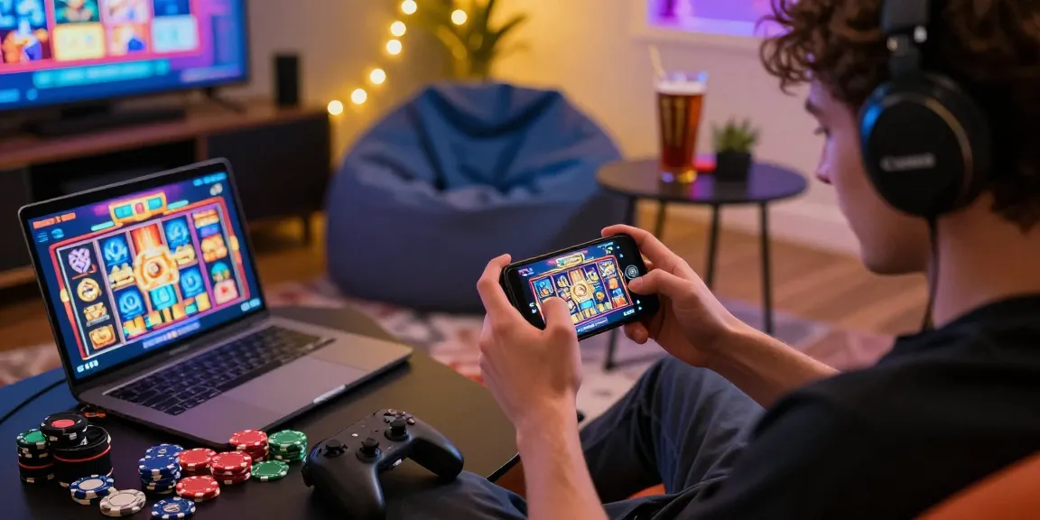 Player enjoying a slots game with deposit tanpa minimal on smartphone amidst vibrant gaming elements.
