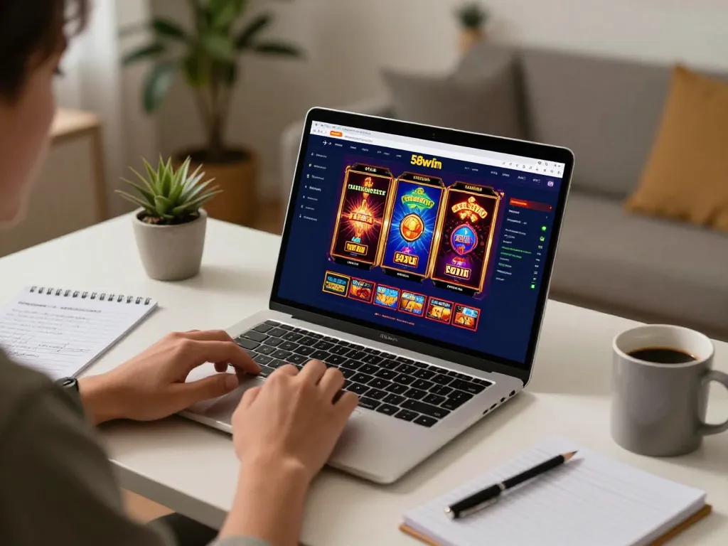 Engaging in strategic gameplay on the 58wiin casino platform with a cozy home setup.