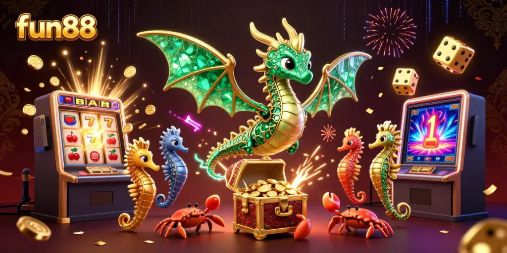 Experience fun88 with a vibrant 3D scene featuring a sea dragon, slot machine, and captivating elements.