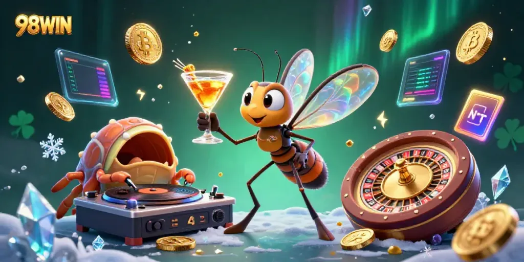 Experience the vibrant energy of 98WIN with a captivating casino mascot and unique gaming elements.