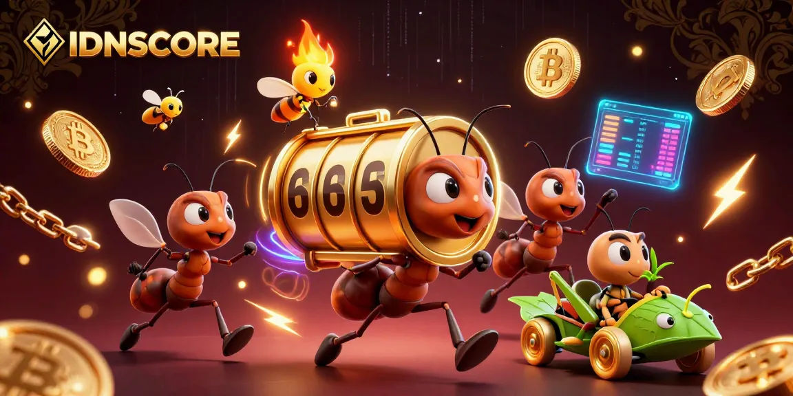 IDNSCORE showcases a vibrant illustration of ants carrying a massive slot reel, embodying the excitement of online gambling.