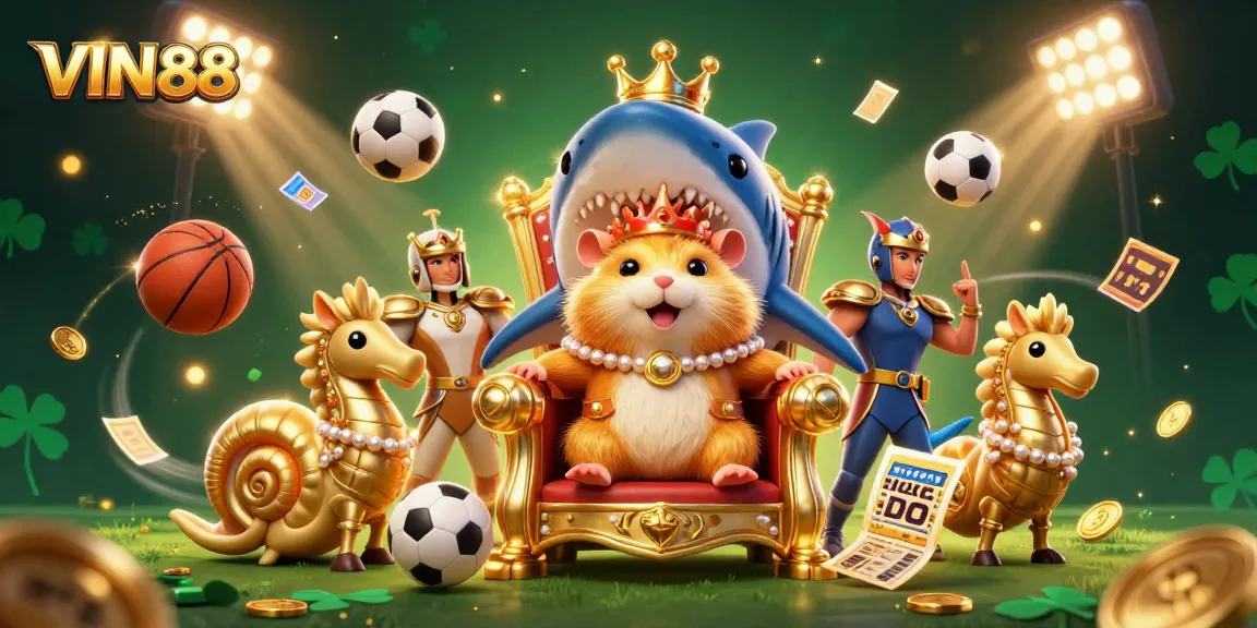 Engage with the thrilling ambiance of VIN88 featuring a golden hamster king overseeing vibrant sports betting action.