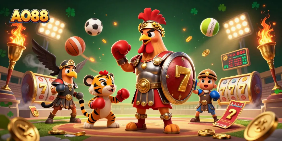 Engage with AO88's dynamic casino scene featuring a rooster gladiator amidst a whirlwind of slot symbols.