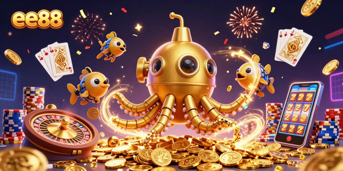 ee88 pirates exploring riches, golden kraken submarine among casino elements