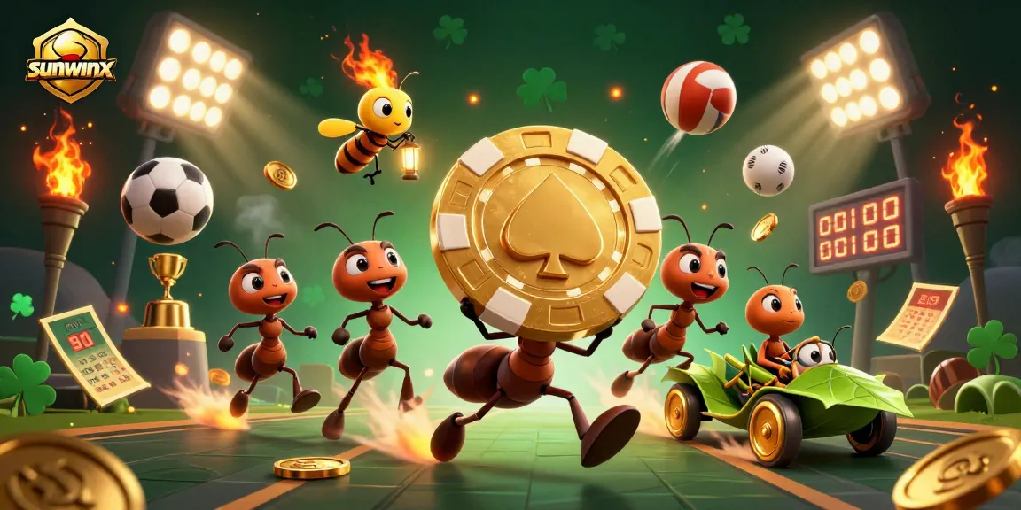 Ants carrying a giant golden poker chip in a dynamic gambling scene with sunwinx branding.
