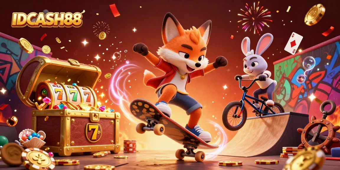 IDCASH88 showcases a skateboarder fox and BMX-riding rabbit celebrating wins in a vibrant casino environment.