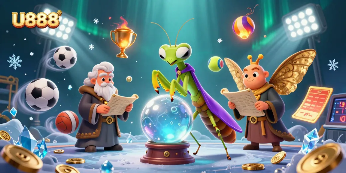Engage with U888's captivating gaming scene featuring a fortune teller, moth librarian, and flying sports elements.