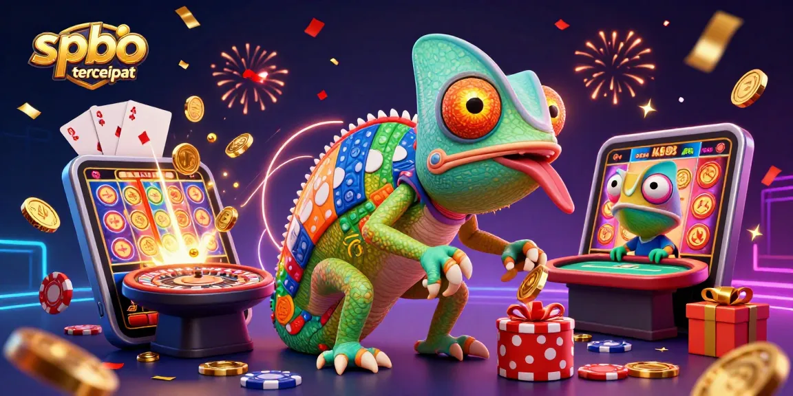 Experience spbo tercepat with a dynamic 3D casino scene featuring a chameleon owner and exciting games.