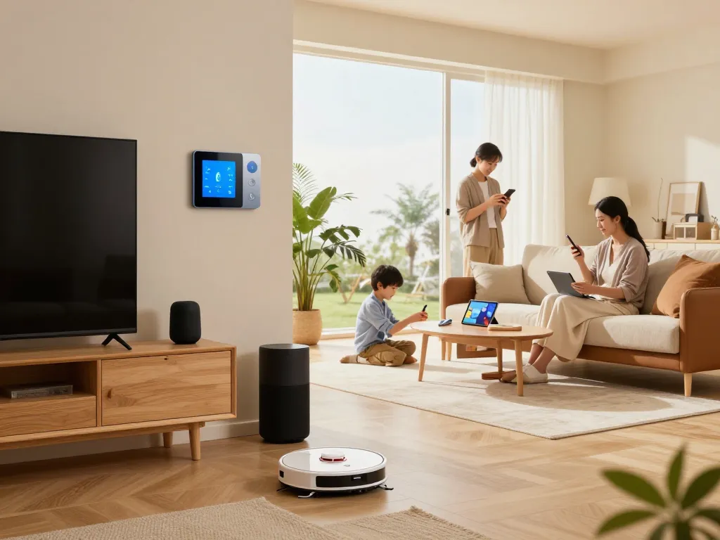 Tech gadgets for home featured in a modern living room with smart devices, bright atmosphere.
