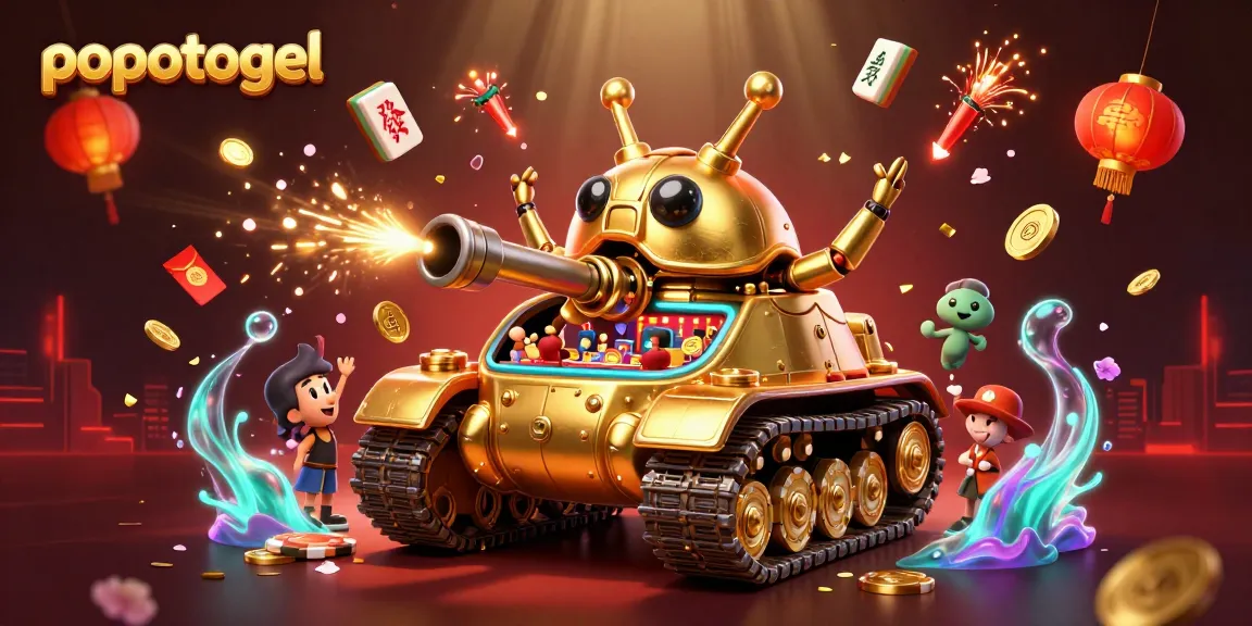 Engage with popotogel's vibrant 3D casino illustration featuring a golden beetle tank and festive gaming elements.