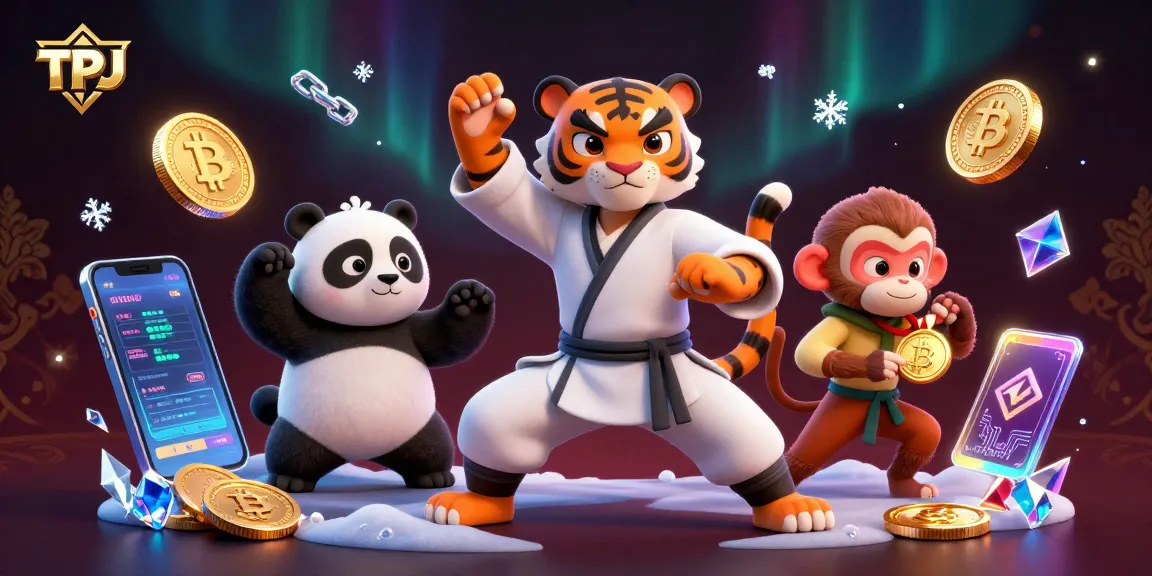 TPJ features a kung fu tiger in action surrounded by vibrant crypto elements, showcasing a dynamic gambling scene.