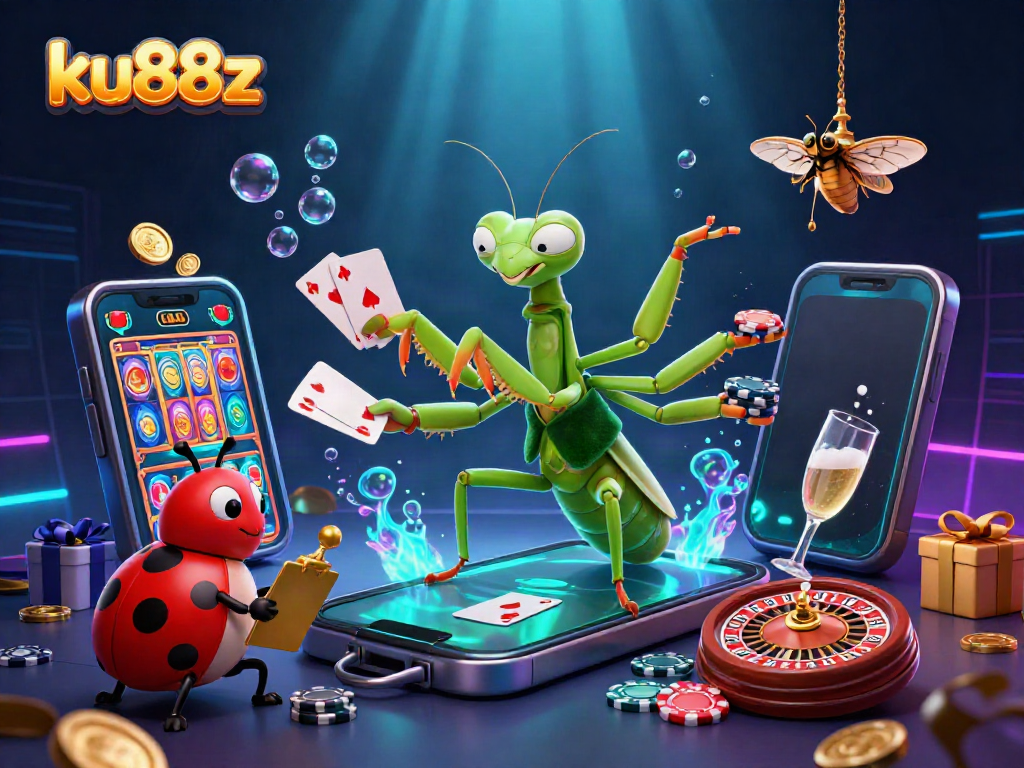 ku88z casino illustration showcasing a giant praying mantis and ladybug characters amidst golden coins and vibrant slot game elements.