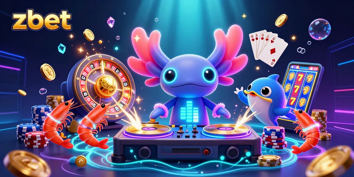 Spin the reels at zbet with a neon axolotl DJ and vibrant underwater casino action!