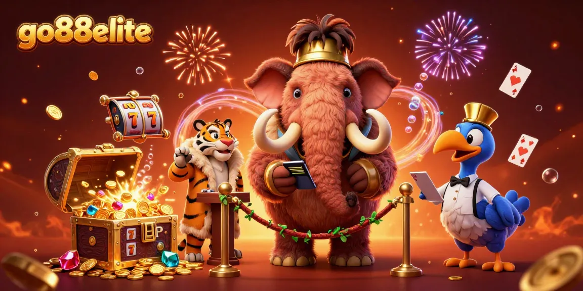 Experience thrilling action with go88elite while a woolly mammoth checks IDs at a vibrant casino entrance.