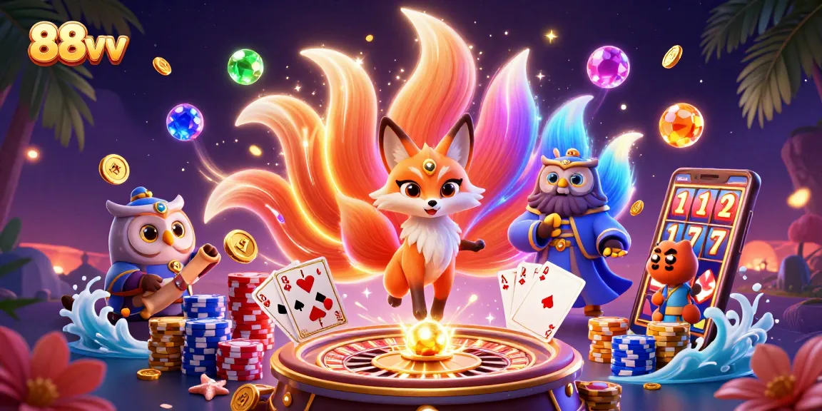 Experience the magic of 88vv with a vibrant 3D scene showcasing a glowing fox spirit and owl sage amidst casino treasures.
