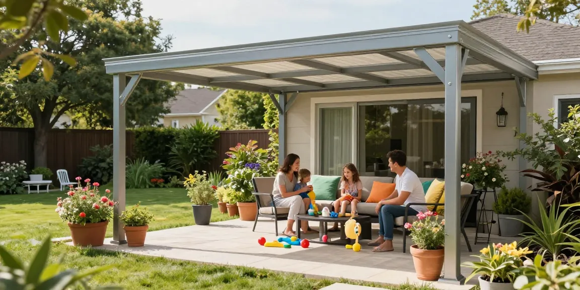 Moderne Terrassenüberdachung in einem einladenden Garten mit Familie.