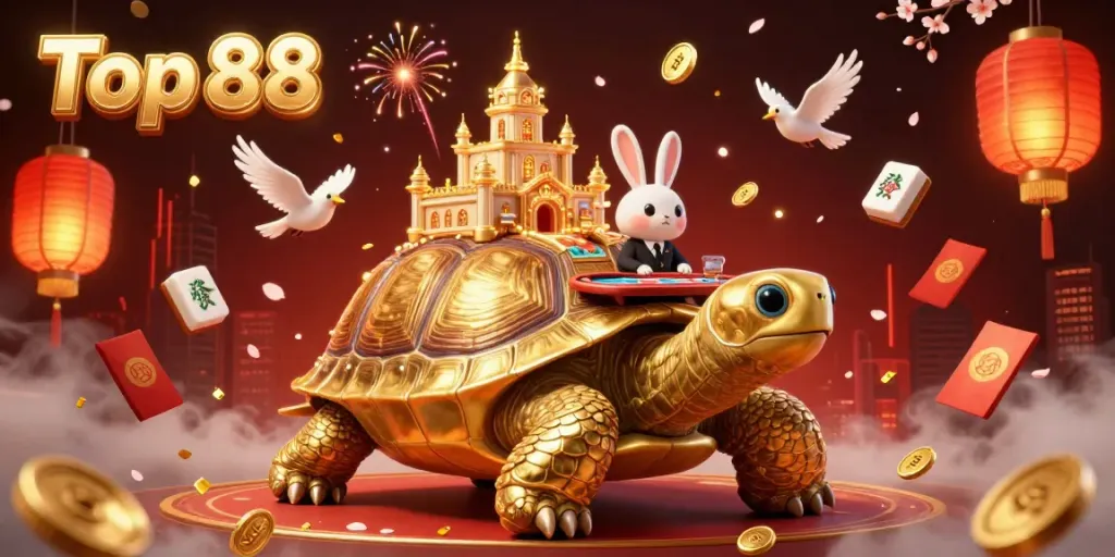 Experience the allure of Top 88 in this vibrant casino world with a golden tortoise and a rabbit dealer.