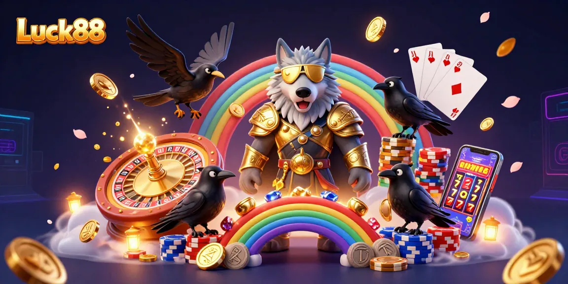 Experience Luck88's thrilling world with Odin wolf and ravens amidst a vibrant casino scene.