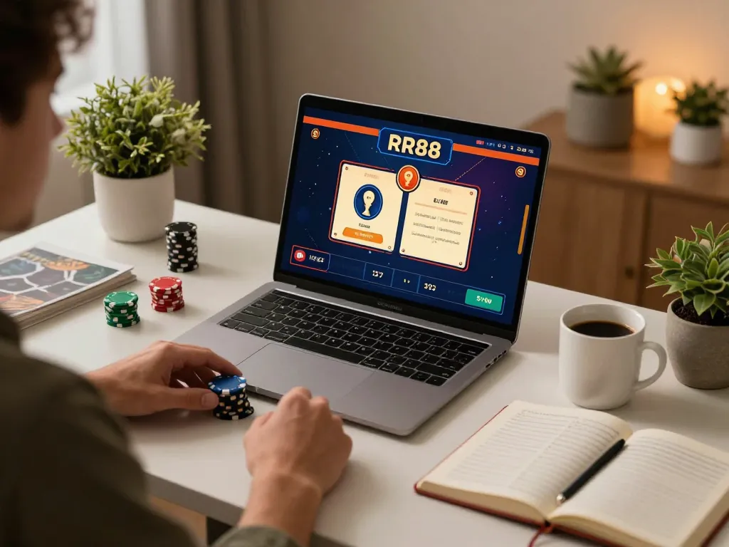 Engaging with RR88 online casino poker game on a laptop while showcasing responsible gaming methods.