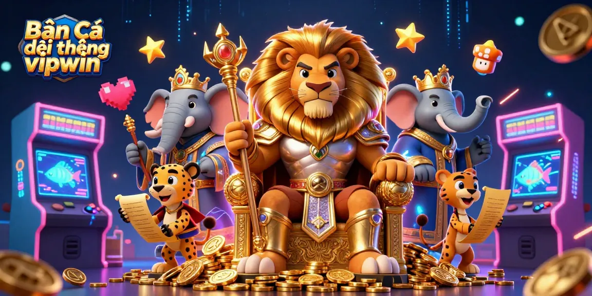 Bắn cá đổi thưởng vipwin features a lion king and advisors in a vibrant fish shooting game setting.